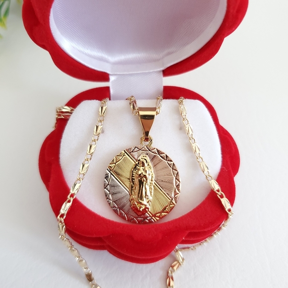 Tri Color Lady of Guadalupe Gold Plated Necklace and Earrings - Picture 3 of 7